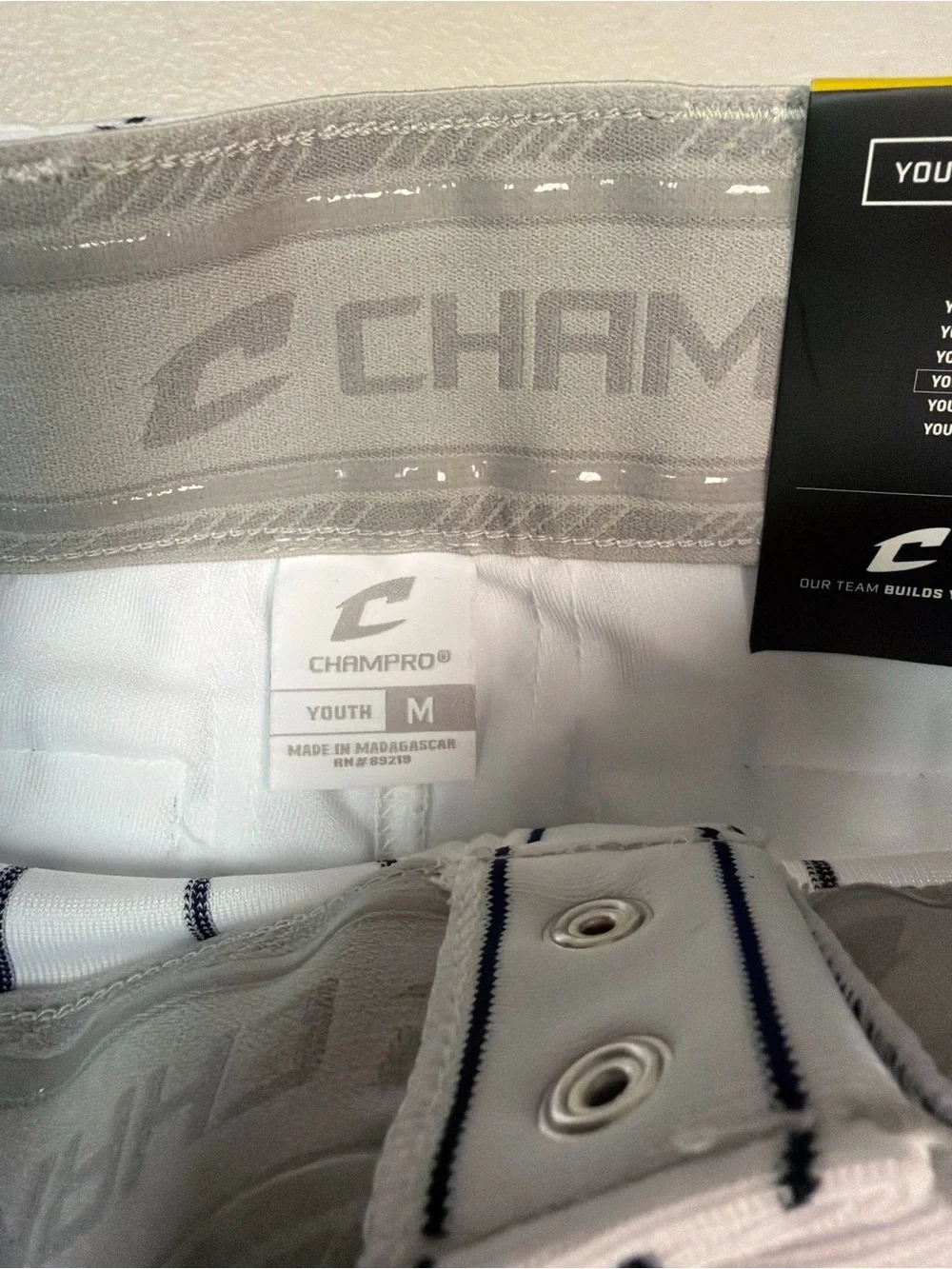 Champro Youth M Triple Crown 2.0 Open Bottom Baseball Pants White/Navy Pinstripe